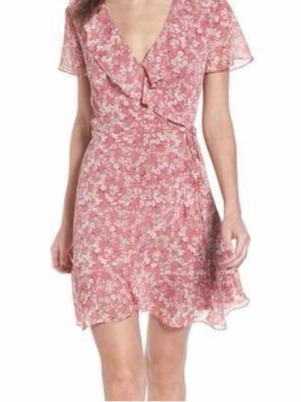 Lush Rose-Pink Floral Wrap Mini Dress